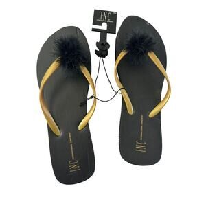 Flip Flops Womens 8/9 *READ* Fur Accent Gold Straps NWT INC Macys Sandals #4093